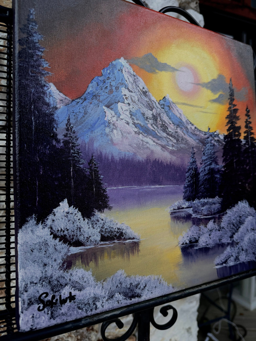 Acrylic Painting Inspired by Bob Ross – Sunset Mountain Landscape on Canvas