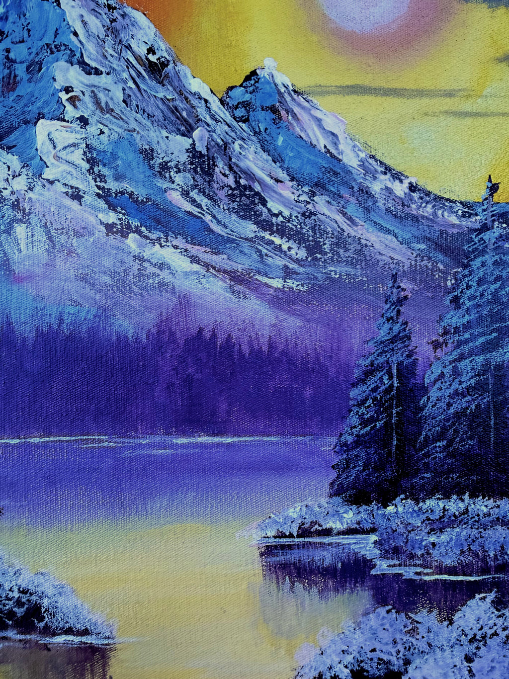 Acrylic Painting Inspired by Bob Ross – Sunset Mountain Landscape on Canvas