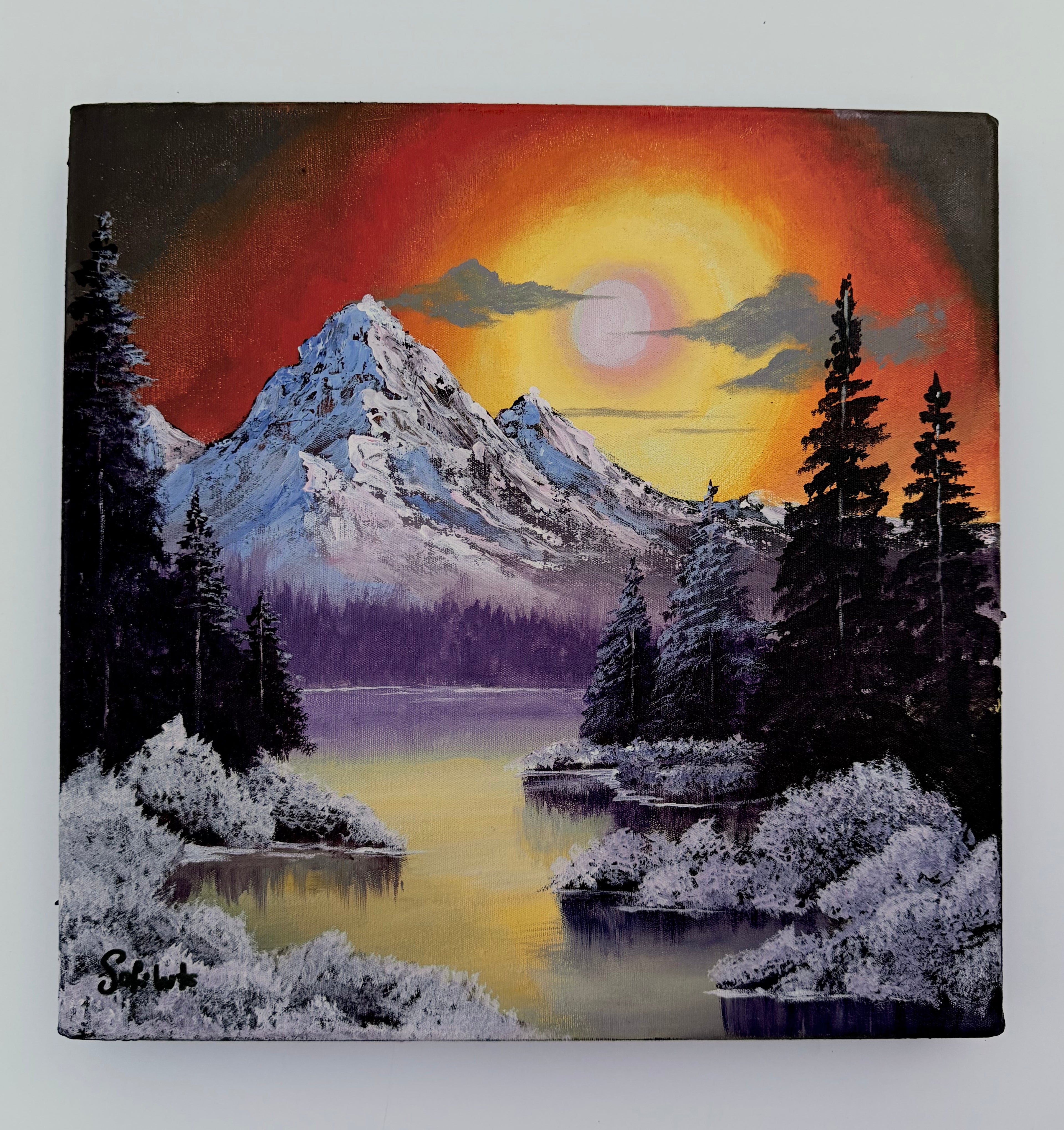 Acrylic Painting Inspired by Bob Ross – Sunset Mountain Landscape on Canvas