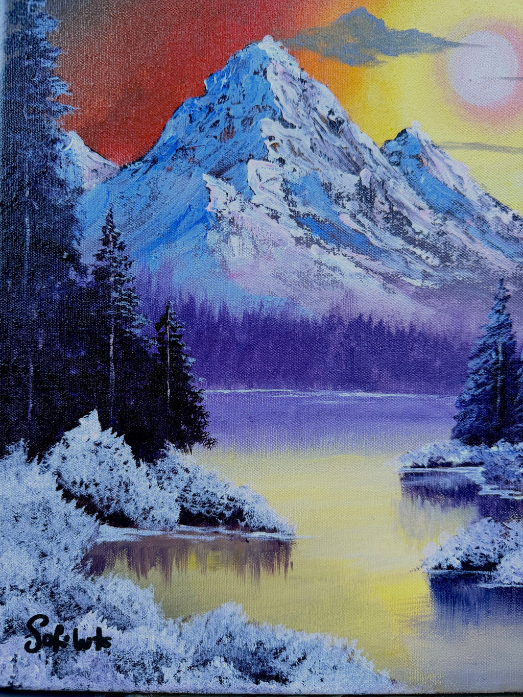 Acrylic Painting Inspired by Bob Ross – Sunset Mountain Landscape on Canvas