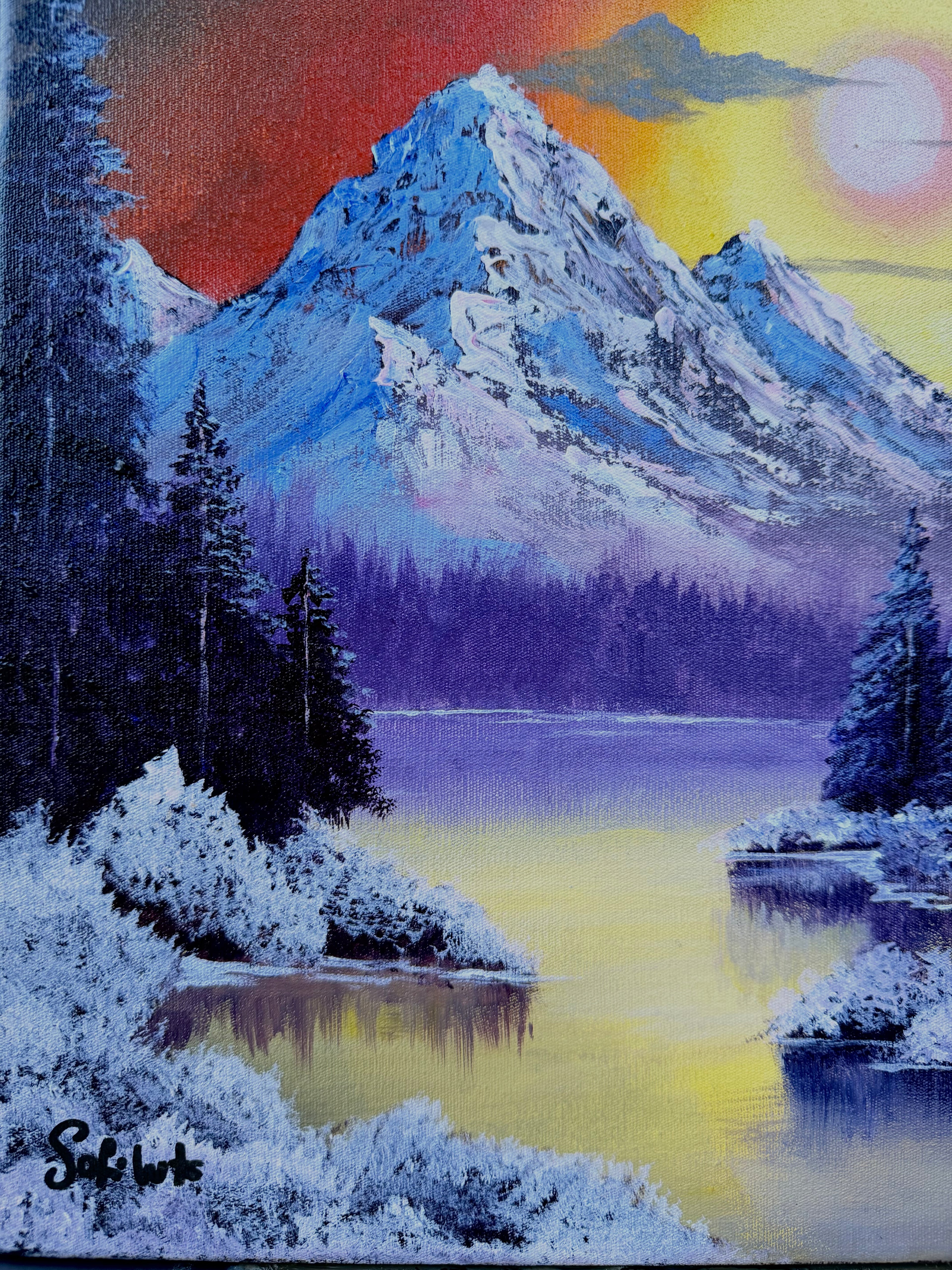 Acrylic Painting Inspired by Bob Ross – Sunset Mountain Landscape on Canvas