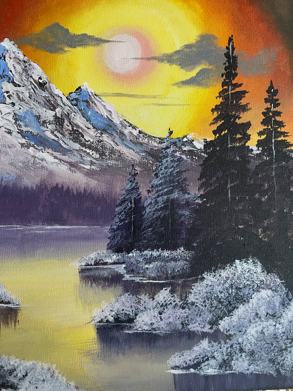 Acrylic Painting Inspired by Bob Ross – Sunset Mountain Landscape on Canvas