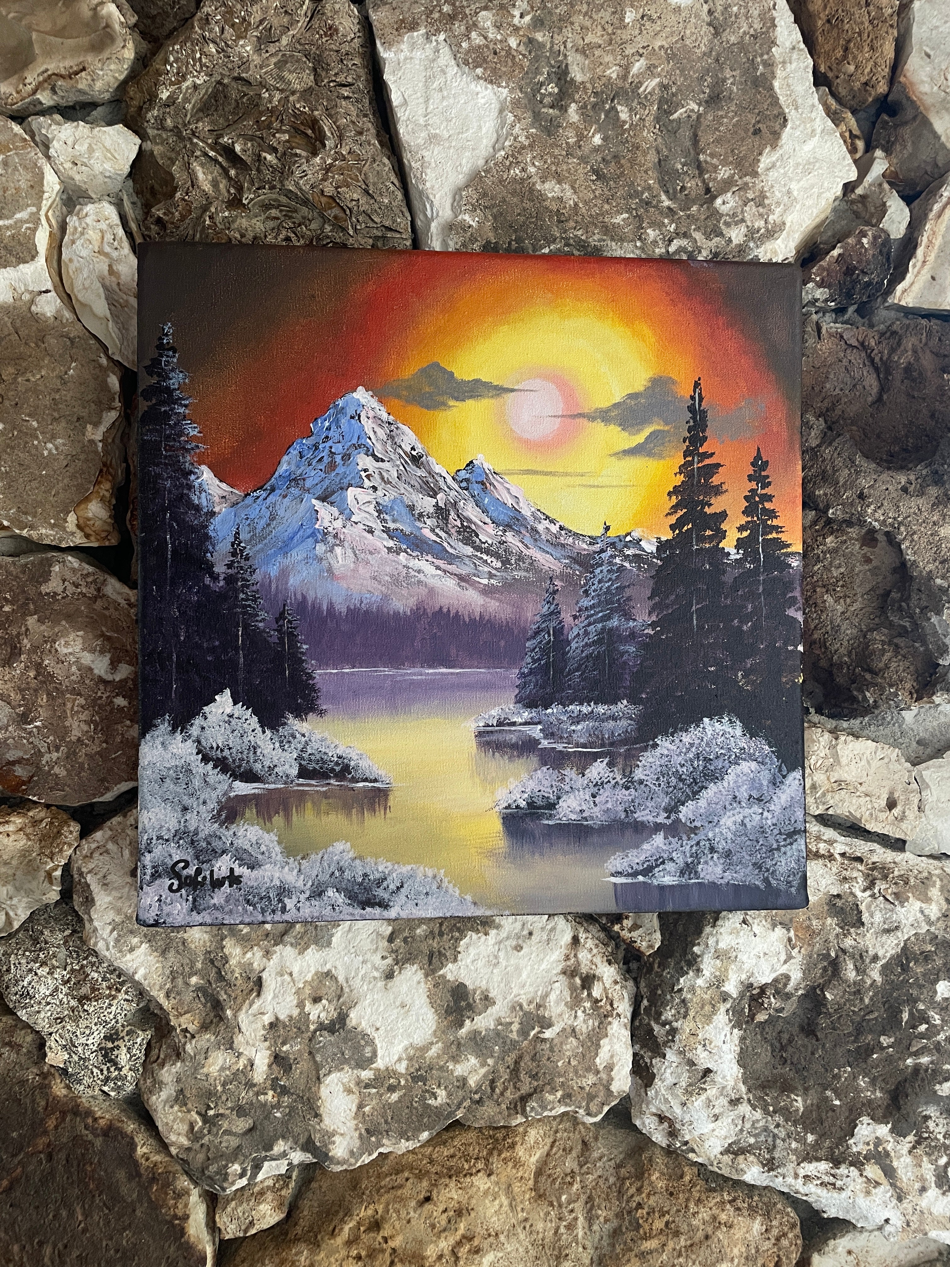 Acrylic Painting Inspired by Bob Ross – Sunset Mountain Landscape on Canvas