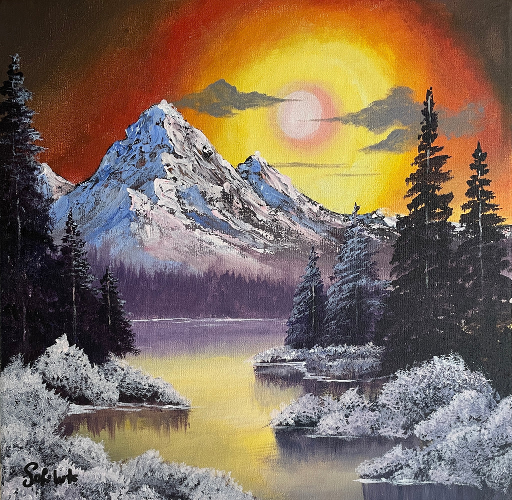 Acrylic Painting Inspired by Bob Ross – Sunset Mountain Landscape on Canvas