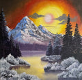 Acrylic Painting Inspired by Bob Ross – Sunset Mountain Landscape on Canvas