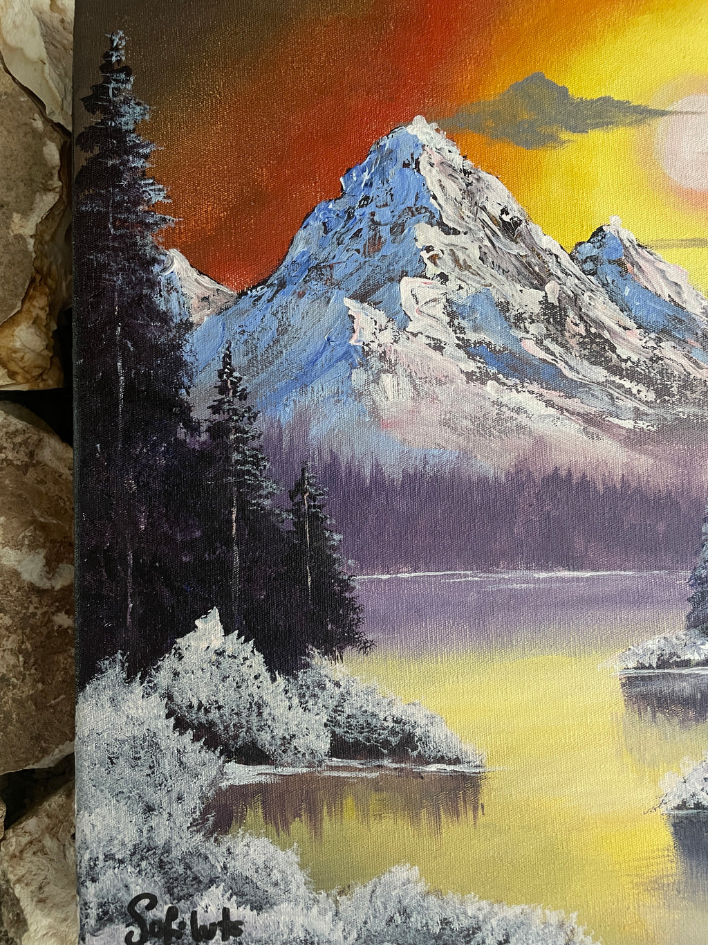 Acrylic Painting Inspired by Bob Ross – Sunset Mountain Landscape on Canvas