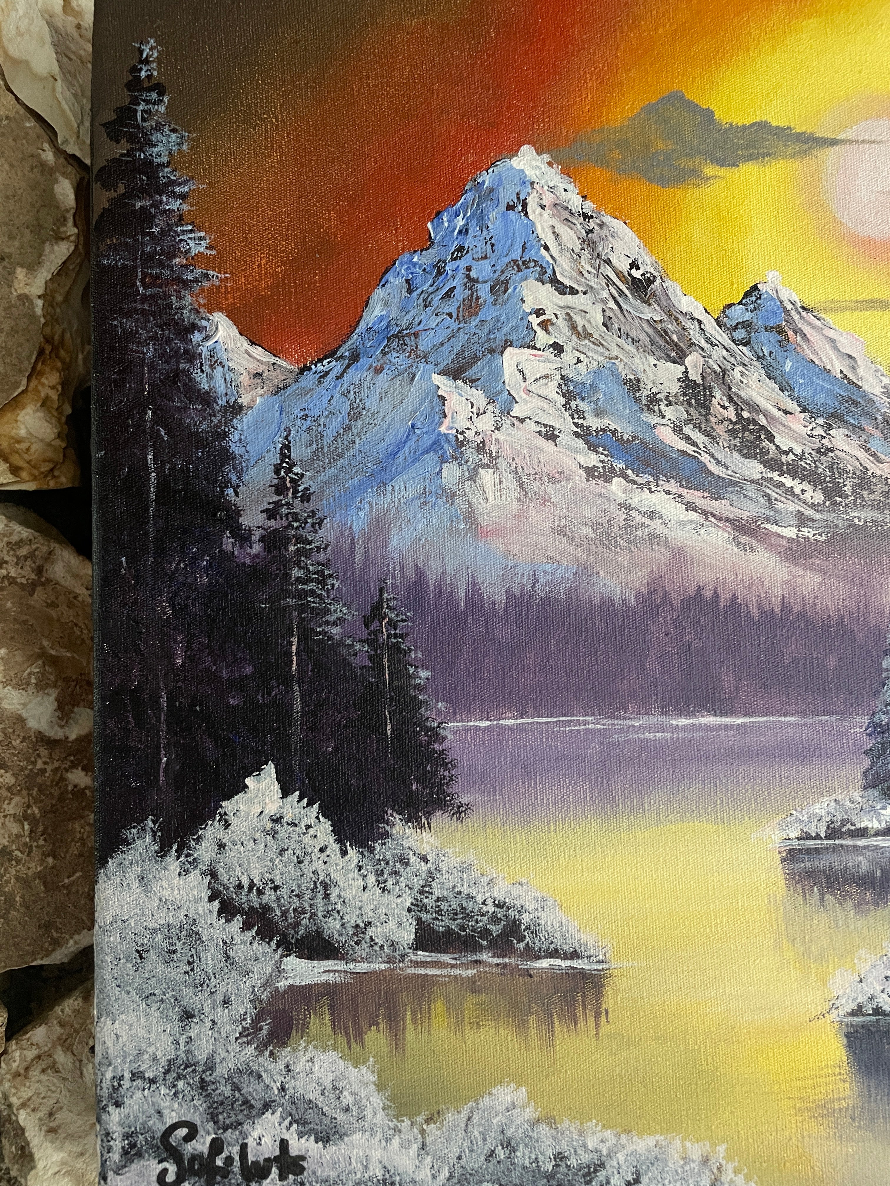 Acrylic Painting Inspired by Bob Ross – Sunset Mountain Landscape on Canvas