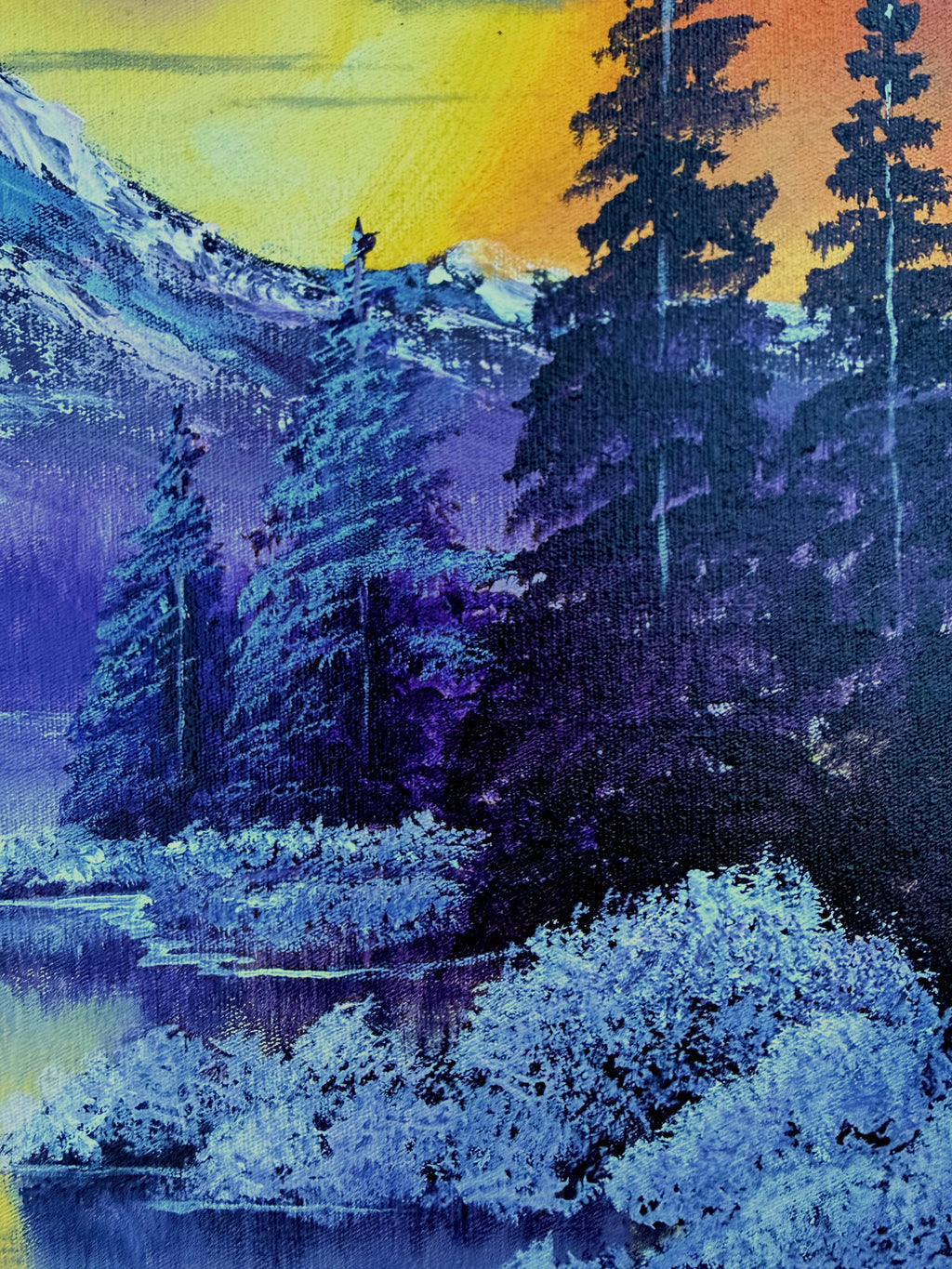 Acrylic Painting Inspired by Bob Ross – Sunset Mountain Landscape on Canvas