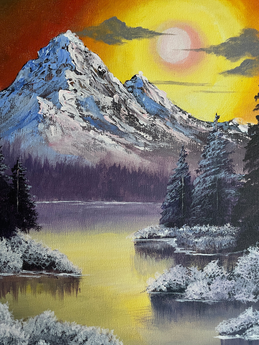 Acrylic Painting Inspired by Bob Ross – Sunset Mountain Landscape on Canvas