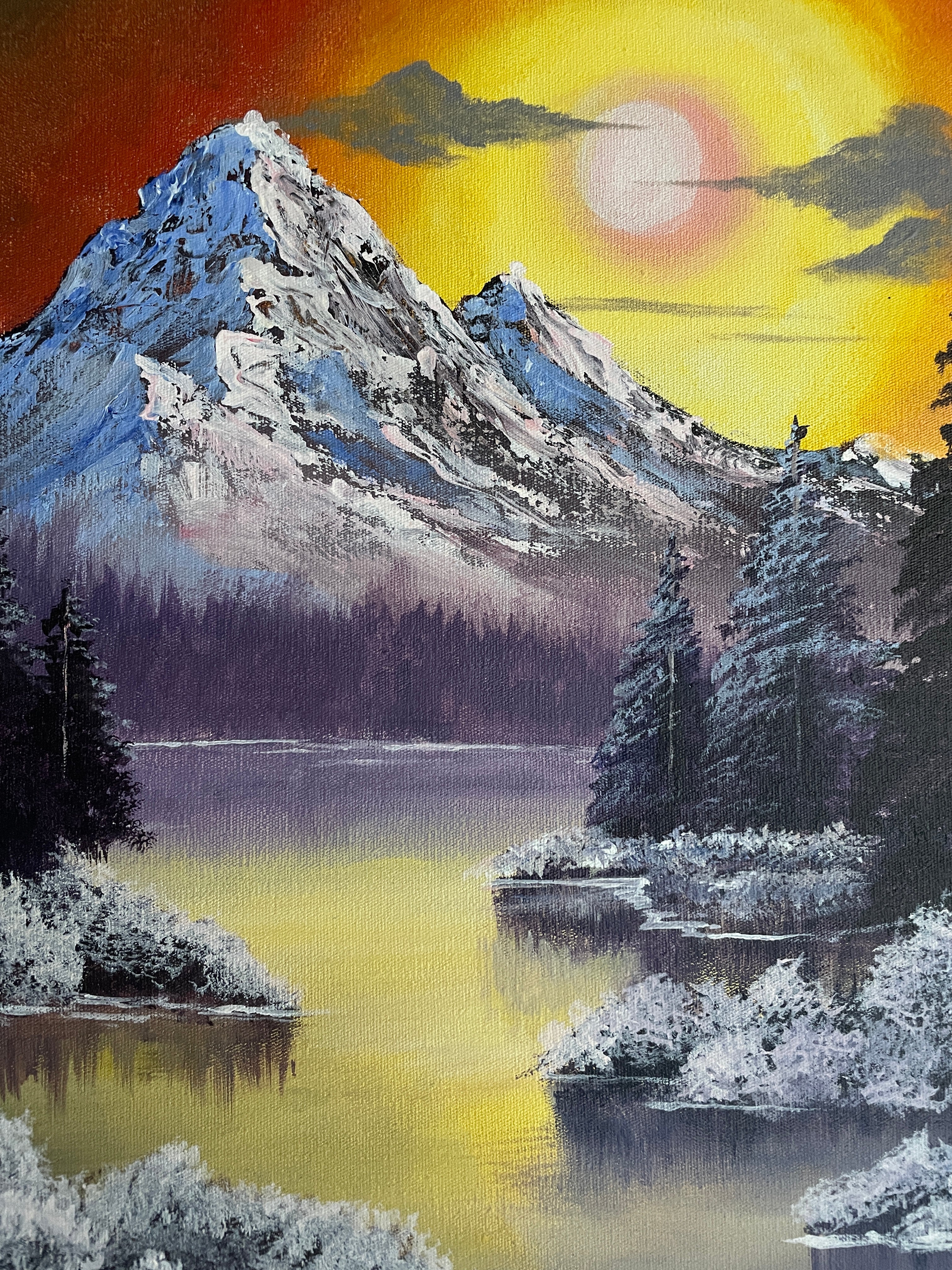 Acrylic Painting Inspired by Bob Ross – Sunset Mountain Landscape on Canvas