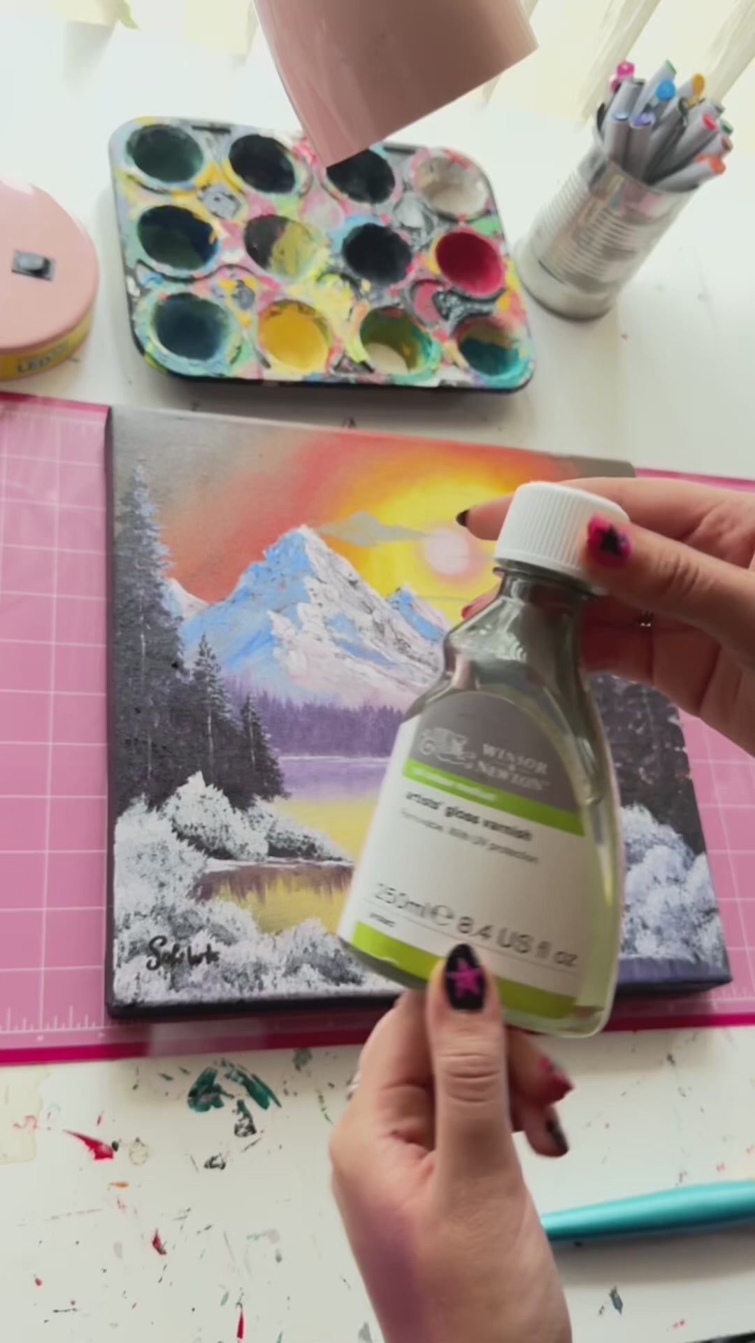 Acrylic Painting Inspired by Bob Ross – Sunset Mountain Landscape on Canvas